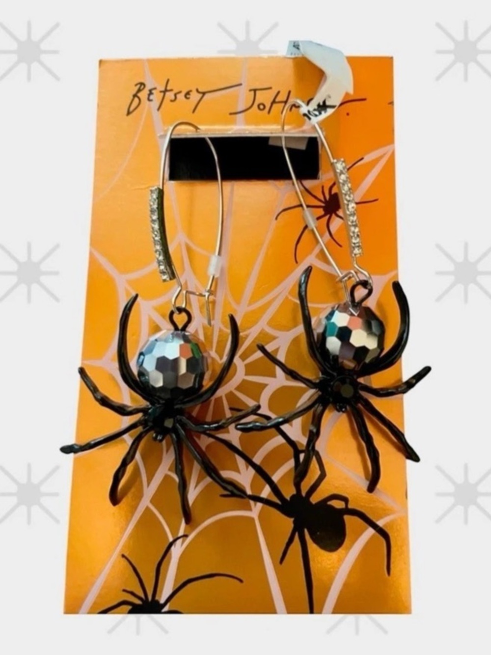 Betsey Johnson Spider Web Disco Ball Drop Earrings Black & Silver